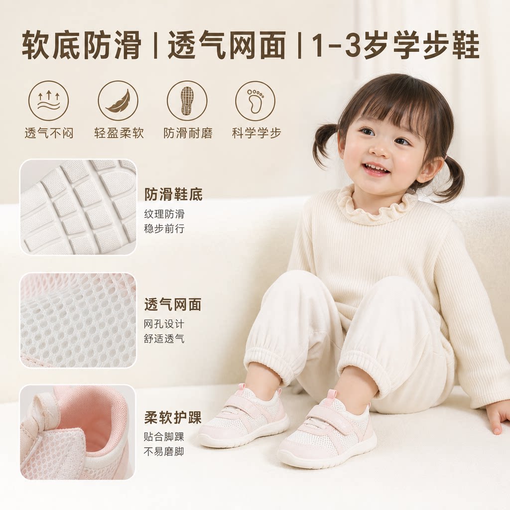儿童鞋子女童春夏季宝宝学步鞋1-2-3岁软底防滑男童休闲透气网鞋