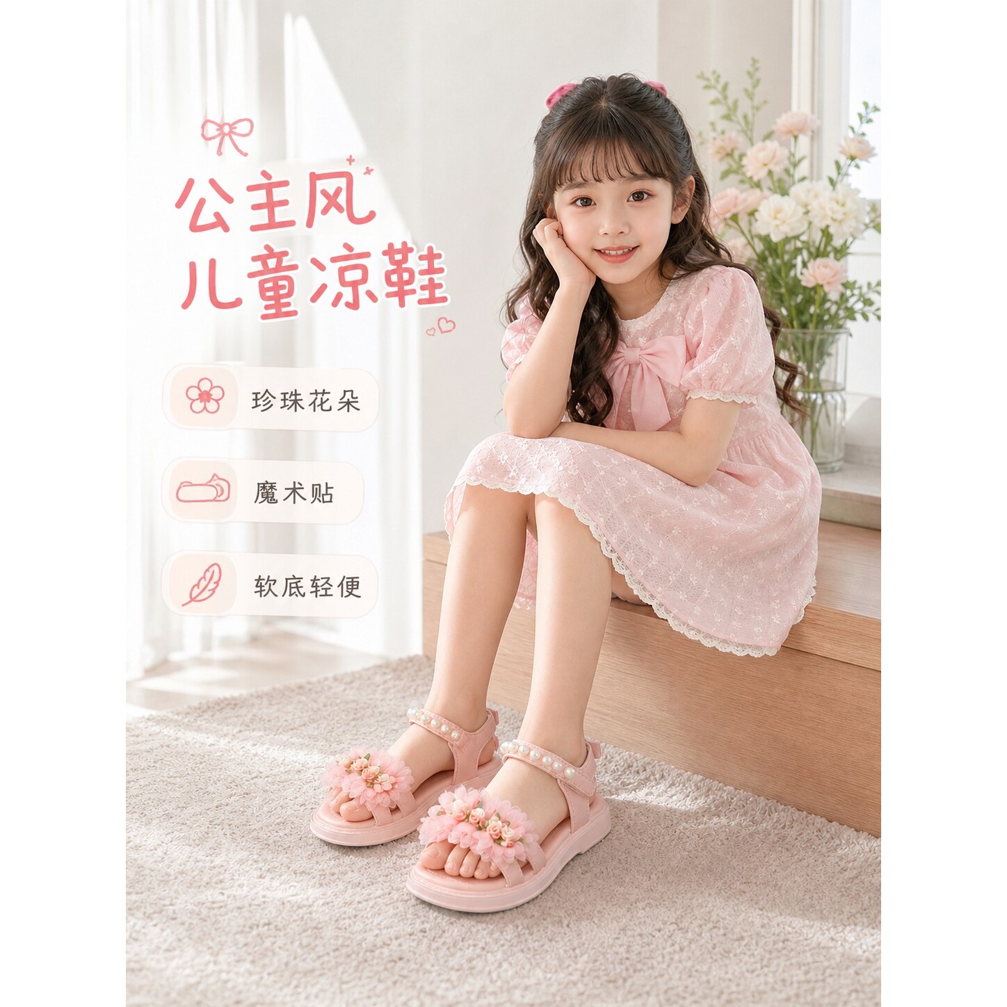 女童夏季珍珠花朵魔术贴软底凉鞋公主风百搭日常休闲穿搭学生
