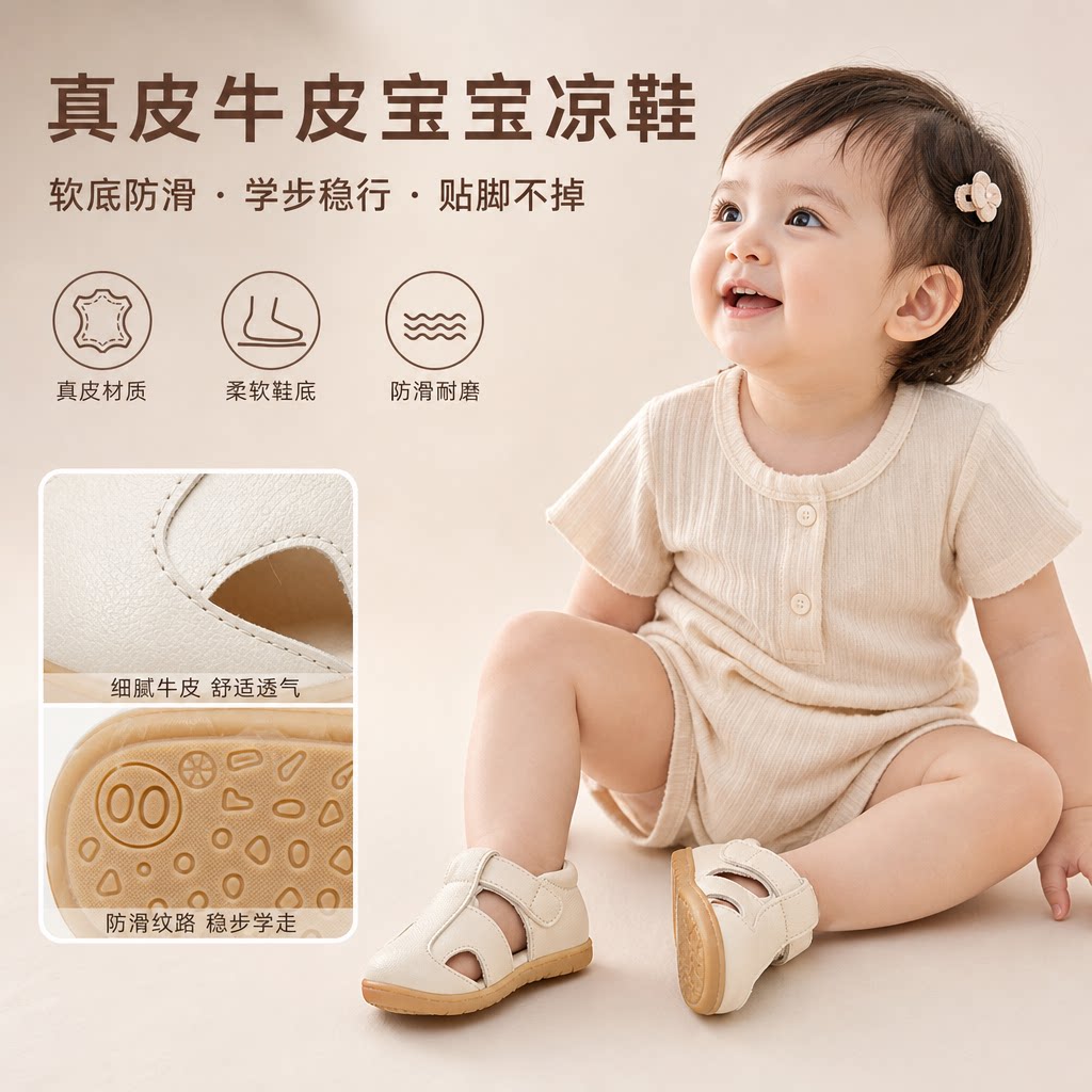真皮牛皮宝宝凉鞋男0-1-3岁婴儿防滑女鞋夏季新款软底学步鞋防掉