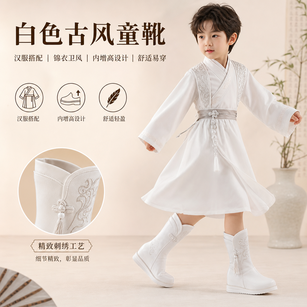 白色古风鞋古代战靴朝靴男靴汉服男鞋儿童锦衣卫靴子汉服靴内增高