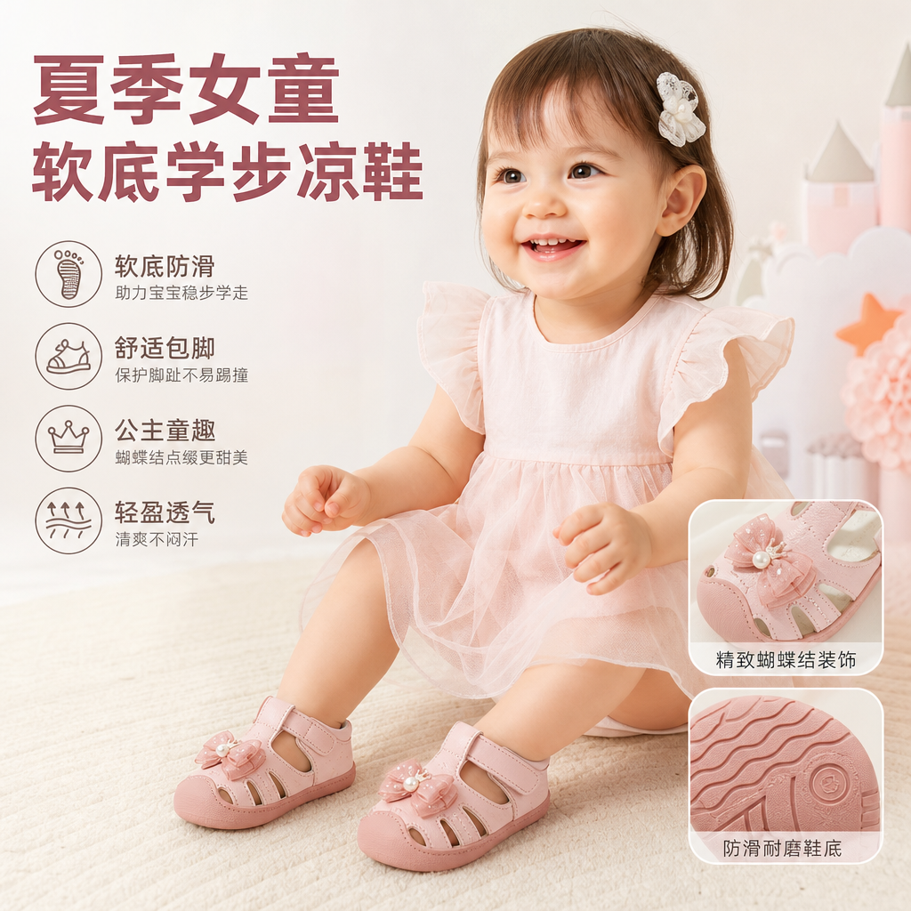 夏季女童宝宝凉鞋软底婴儿学步鞋公主0-1一岁3小女孩小童防滑皮鞋