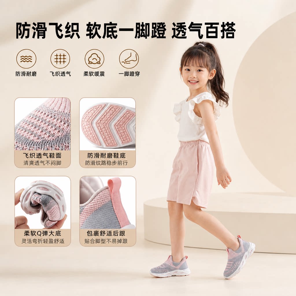 儿童运动鞋新款防滑飞织鞋软底男女宝宝鞋一脚蹬百搭透气网鞋