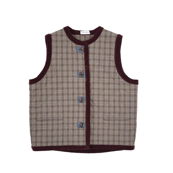 撞色饰边格纹绗缝马甲