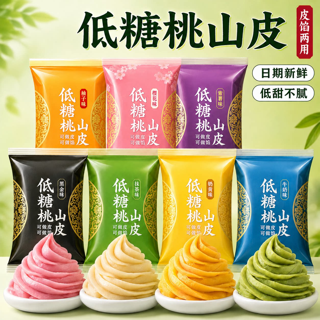 低糖桃山皮馅料牛奶抹茶奶黄馅冰皮流心月饼果子皮半成品家用烘焙
