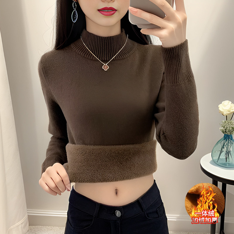 秋冬加绒毛衣女加厚一体绒内搭大码半高领冬天打底针织衫保暖上衣