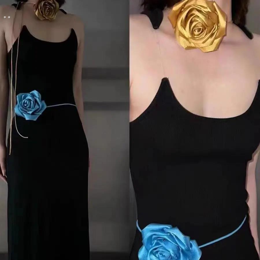 盛开的缎面玫瑰系带颈部项链腰链胸花塑身腰带身体链造型感配饰女