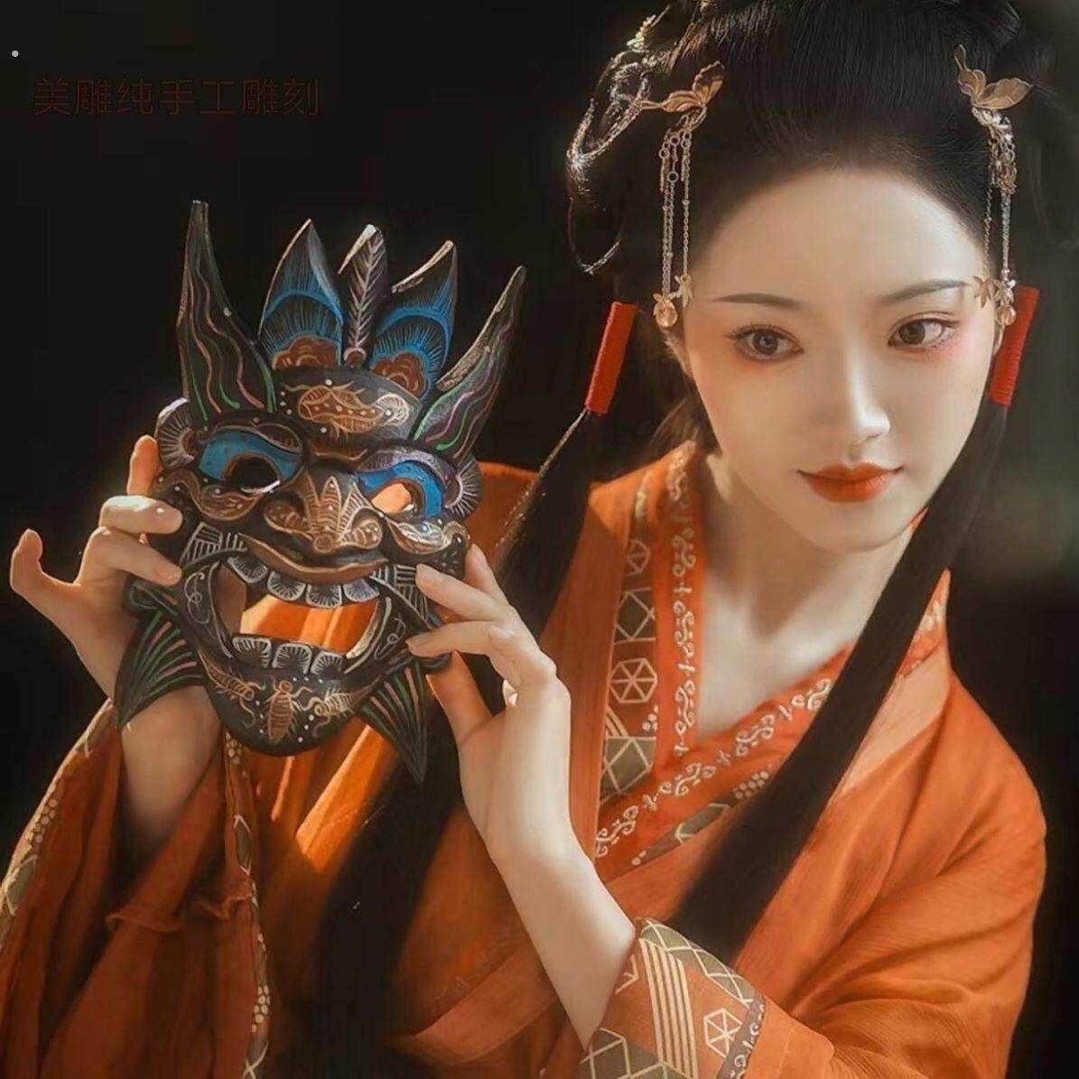 纯手工木雕傩戏道具面具旅拍古风拍照道具国风表演面具装扮全脸