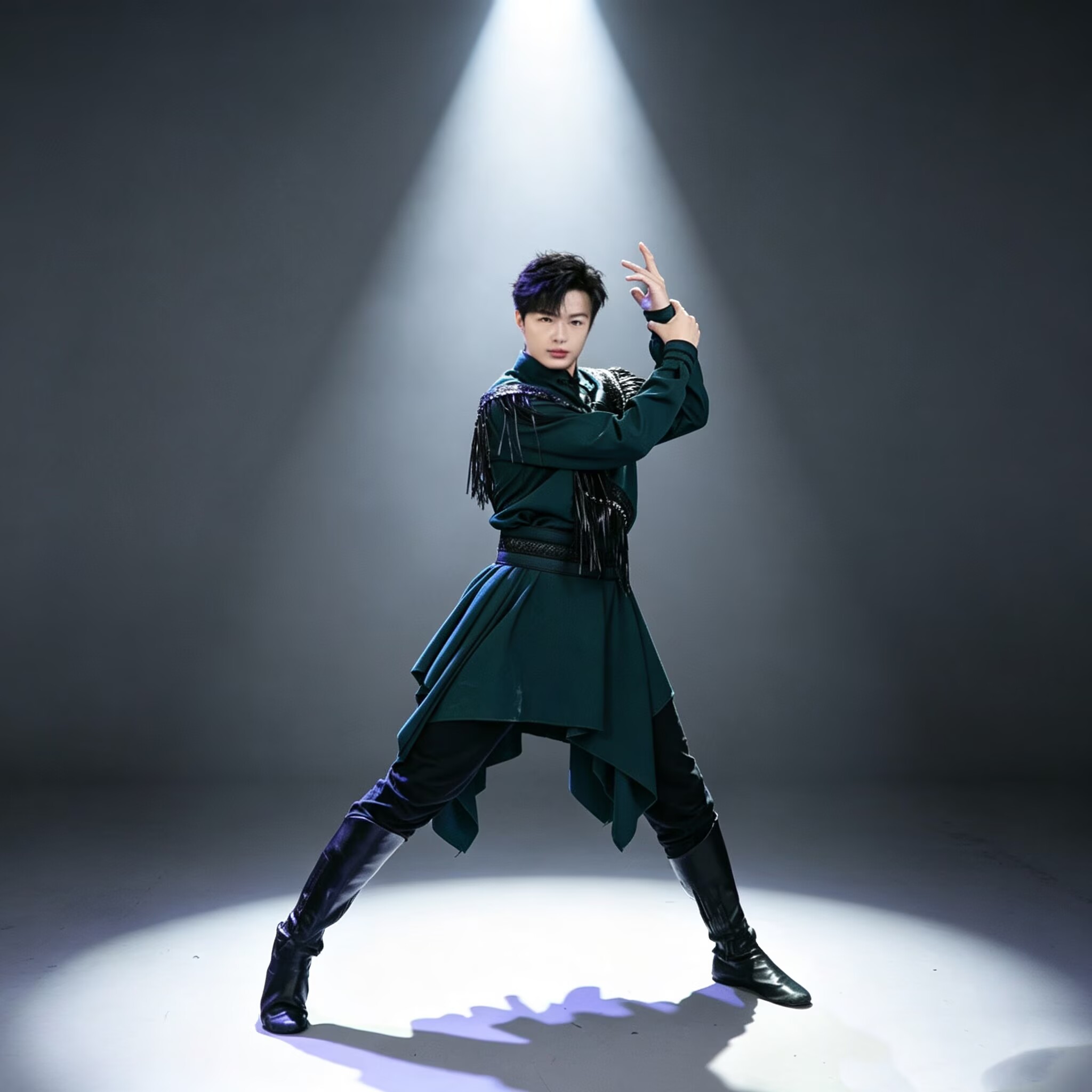 蒙古族男演出服套装绿色流苏图片