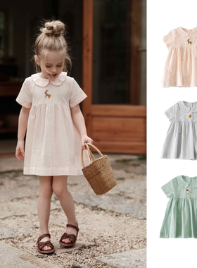 女童娃娃翻领裙子棉麻手工刺绣连衣裙洋气宽松长款宝宝短袖公主裙