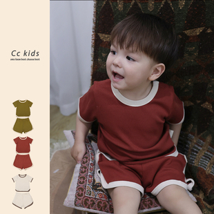 婴幼童短袖T恤短裤2026欧美风夏季新款男女宝宝糖果色运动套装