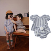 棉麻条纹图案男女宝宝T恤包屁裤 2026夏季 套装 上衣短裤 子 儿童短袖