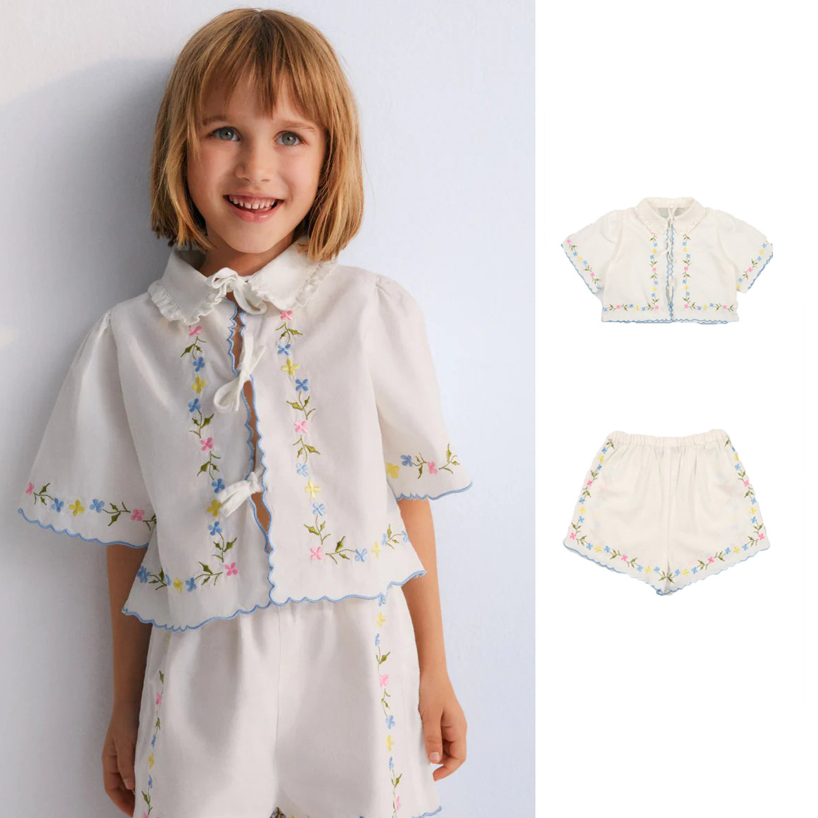 女童上衣裤子套装2025年夏季丹麦新款儿童绣花衬衫短裤休闲童装,童装/婴儿装/亲子装,套装,淘宝优惠券,粉丝福利购,淘宝优惠卷