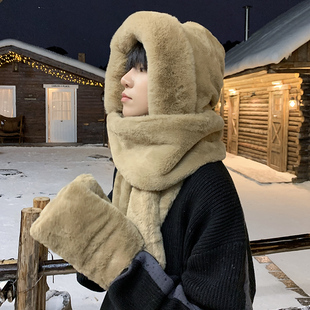 纯色毛绒帽子围巾手套一体男款保暖神器秋冬季加厚防寒护耳帽男生