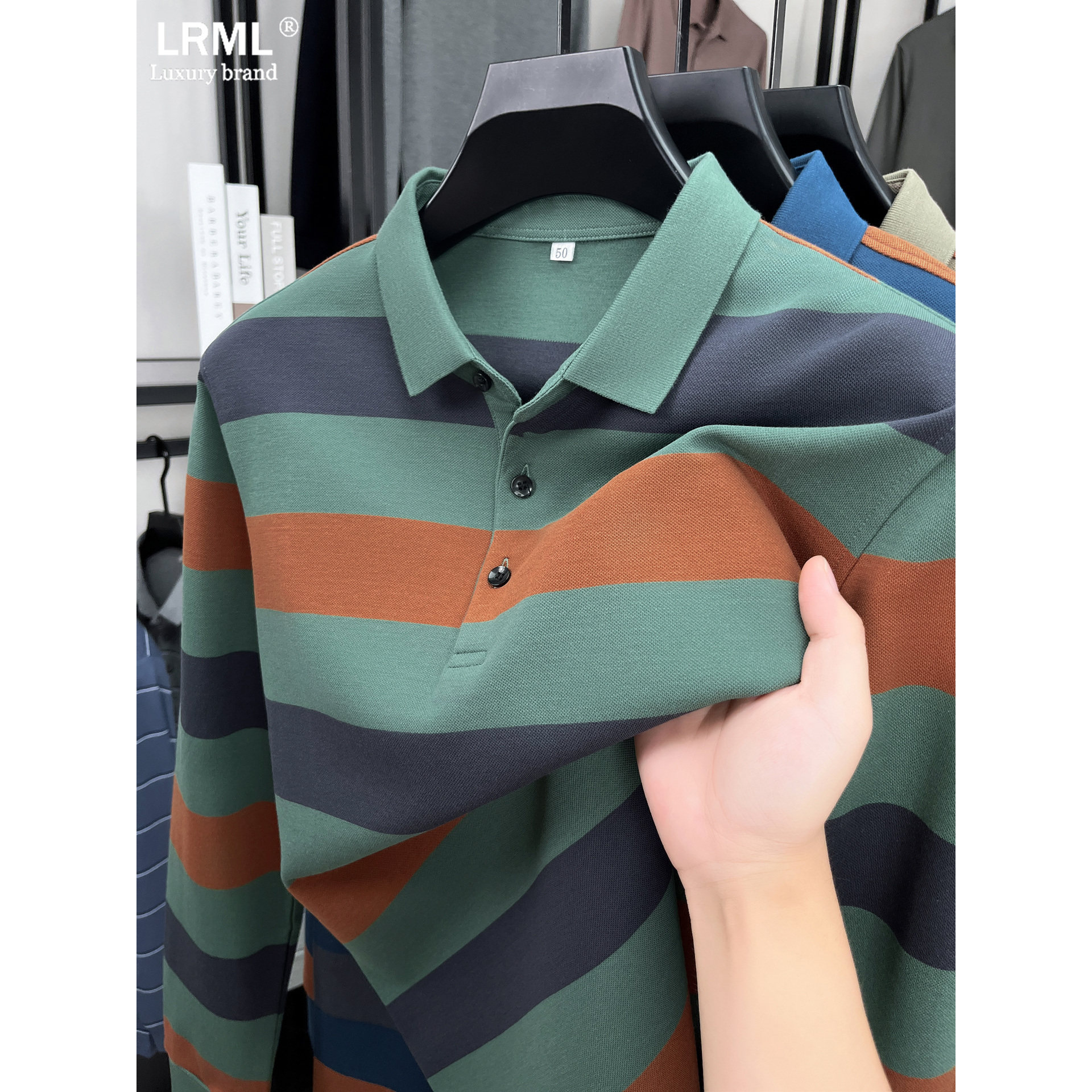 Polo衫男2025新款春秋季商务舒适拼色高端纯棉翻领条纹长袖T恤,男装,Polo衫,淘宝优惠券,粉丝福利购,淘宝优惠卷