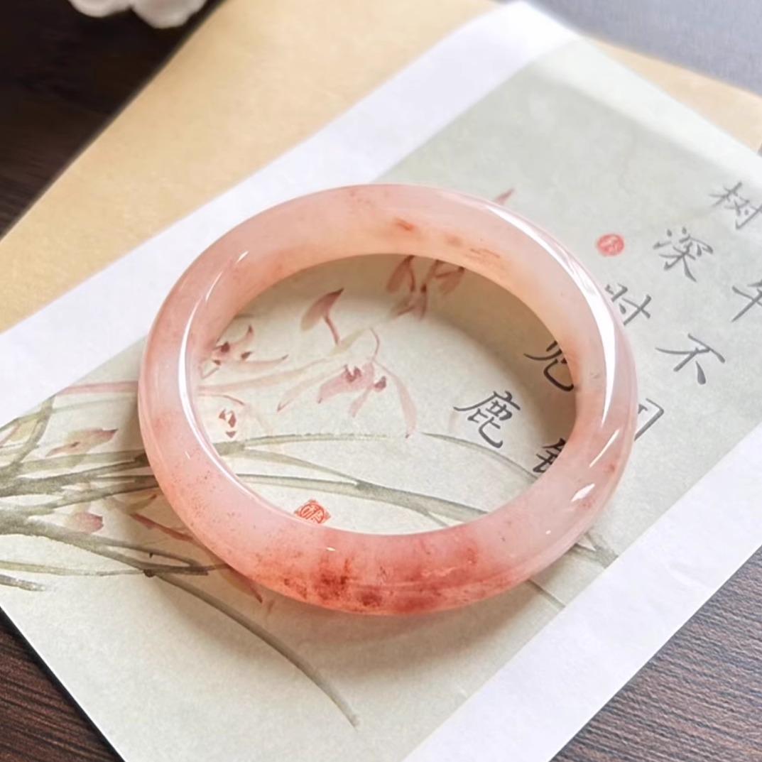 新疆金丝玉手镯天然桃花酿手镯高冰余太翠玉镯子透粉色少女送礼物