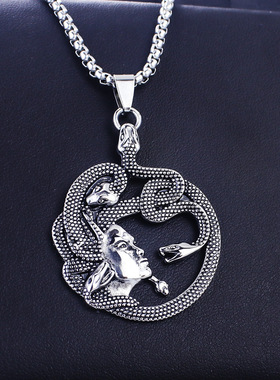 跨境欧美复古铸造希腊神话蛇发妖女美杜莎吊坠朋克嘻哈不锈钢项链