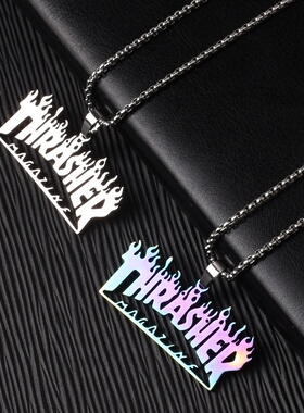 欧美街头hiphop嘻哈吊坠Thrasher炫彩项链可淬火火焰项链钛钢饰品