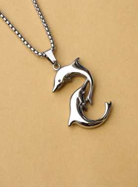 跨境电商海豚钛钢项链男个性挂件不锈钢光面吊坠铸造饰品一件代发