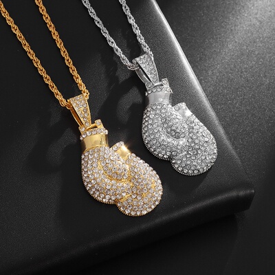 欧美嘻哈个性boxing gloves拳击手套吊坠铜镶锆石潮人hiphop项链