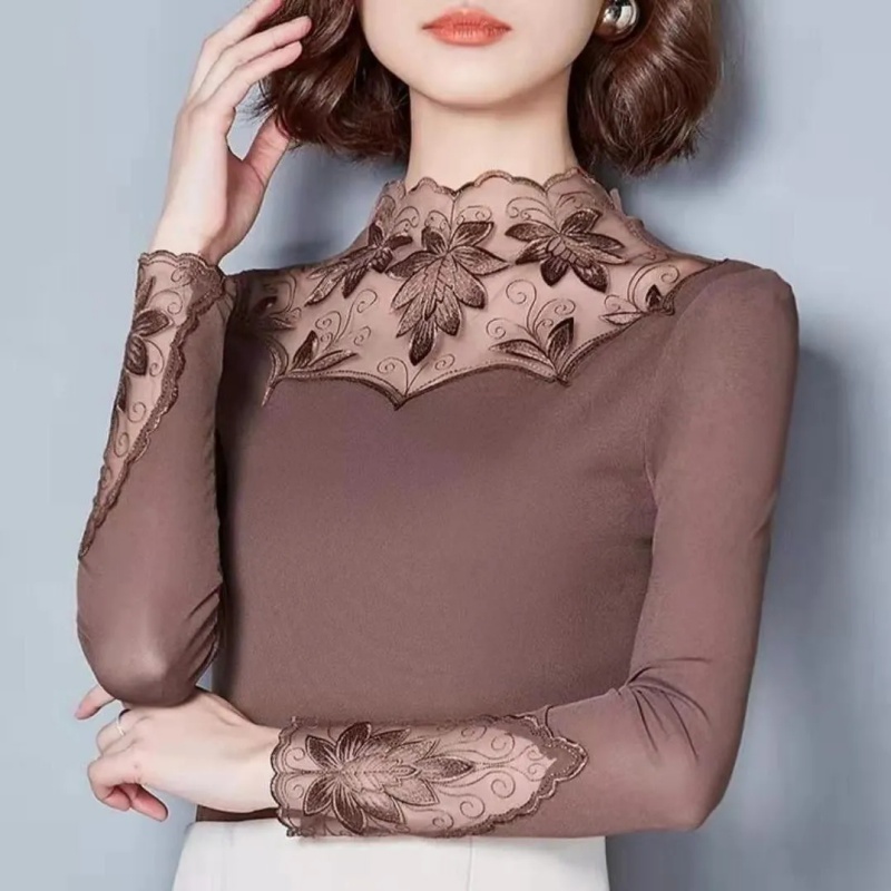 DA5【加绒/不加绒】春秋款蕾丝网纱打底衫女保暖高弹力T恤修身女