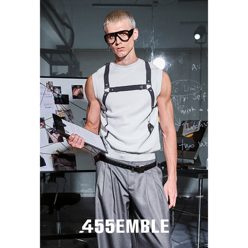 皮革背带印花无袖针织衫背心t恤