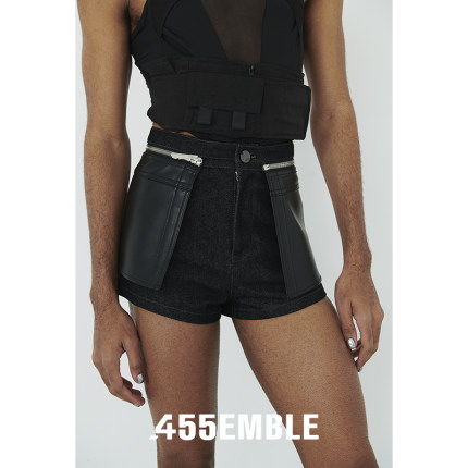 455EMBLE 原创设计 可拆卸皮革装饰短裤夏季皮裤短裤热裤酷飒风