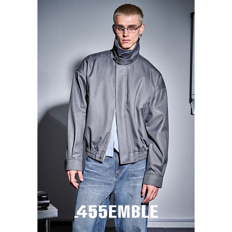 455emble灰色假两件夹克可拆卸翻领立领夹克翻领立领两穿廓形夹克
