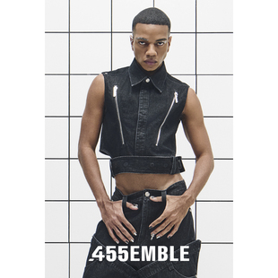 455EMBLE新款 水洗牛仔马甲可拆卸腰带小众设计金属拉链男女同款