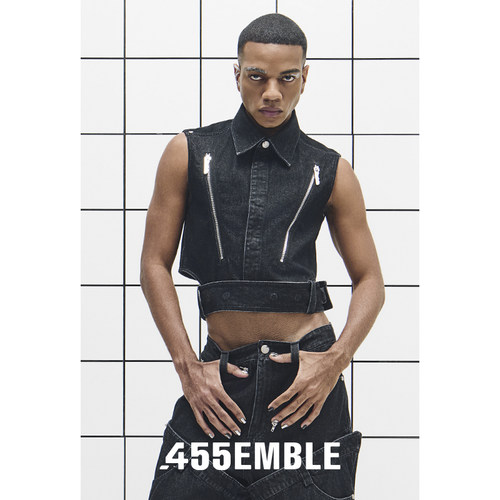 455EMBLE新款水洗牛仔马甲可拆卸腰带小众设计金属拉链男女同款