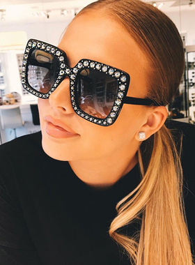 日本topwhit新款镀钻大框太阳镜满天星复古方形墨镜炫彩海洋片