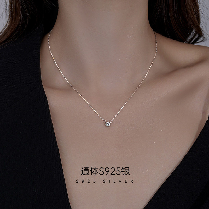 日系TopWhitS925银单颗锆石项链锁骨链女小众设计高级感一颗