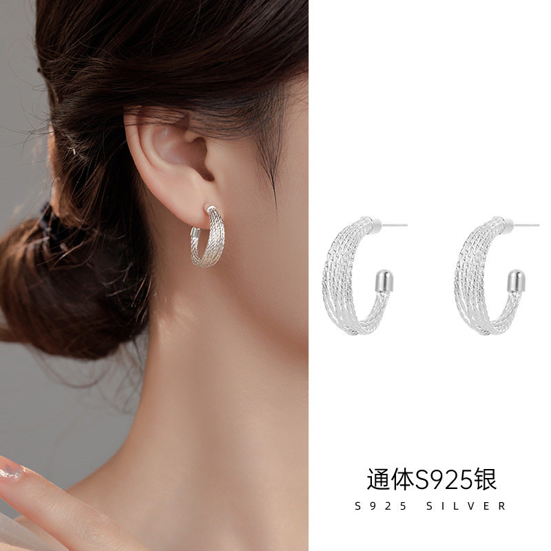 日系TopWhitS925银素圈耳环多层线条设计感C型耳钉简约ins冷淡风
