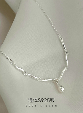 日系topwhit925银波浪水滴吊坠项链ins冷淡风简约高级感锁骨链女
