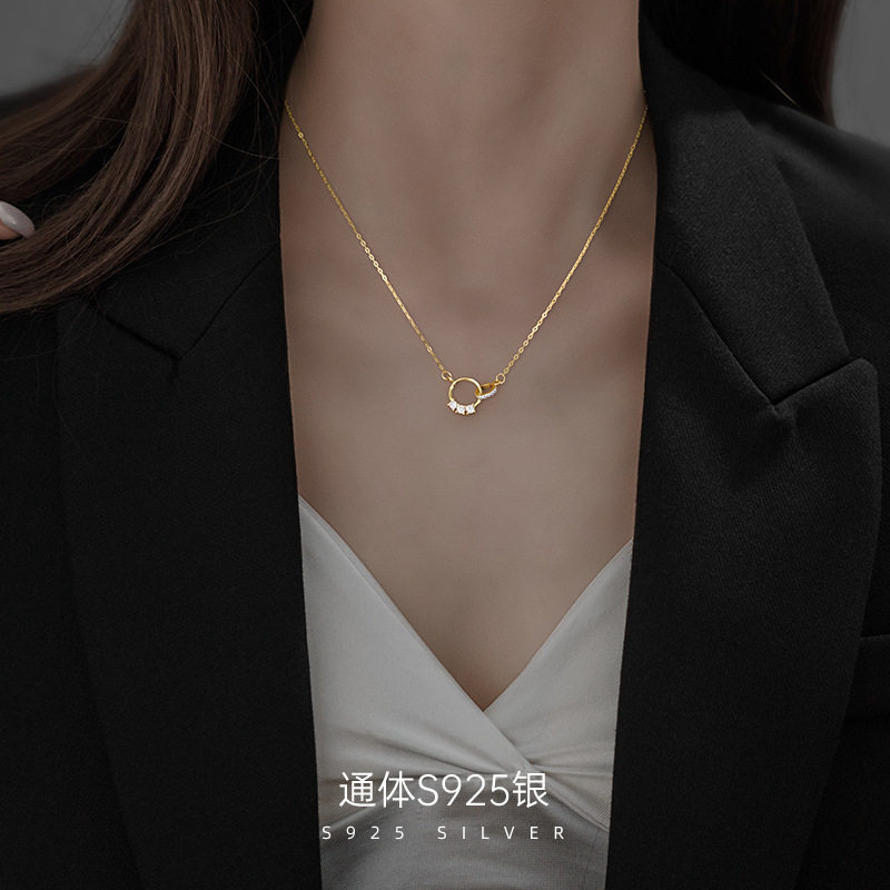 日系topwhit925银双环项链女轻奢小众高级感圆圈指环锁骨链ins