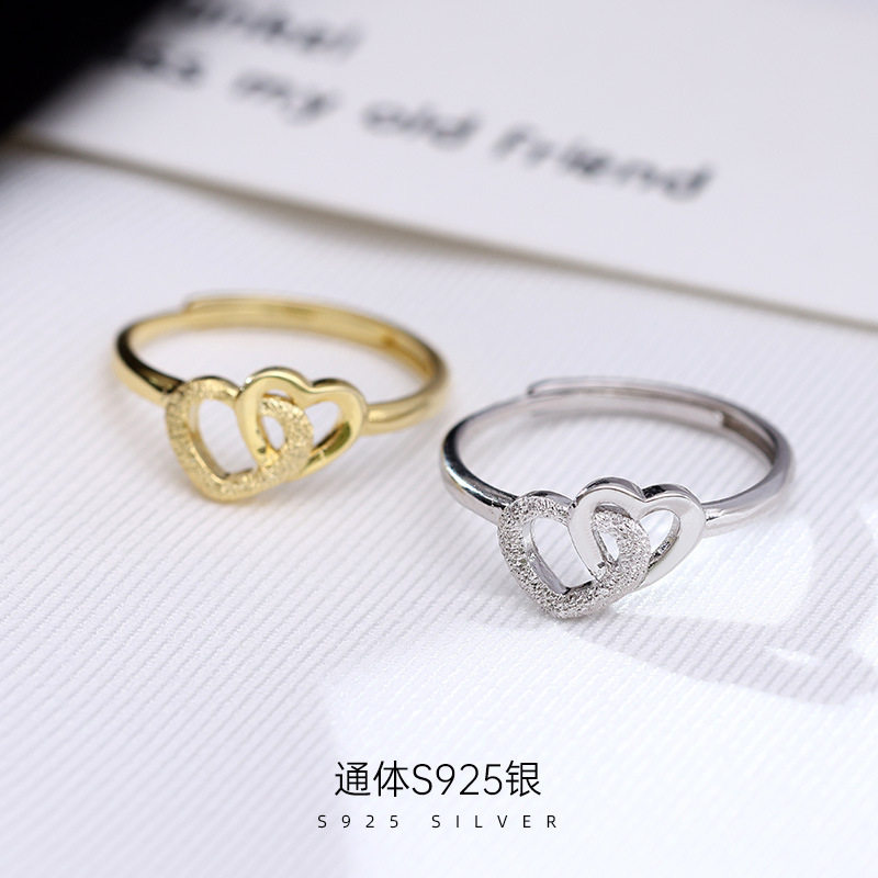 日系topwhit925银简约爱心戒指女光面设计感开口指环心连心甜美