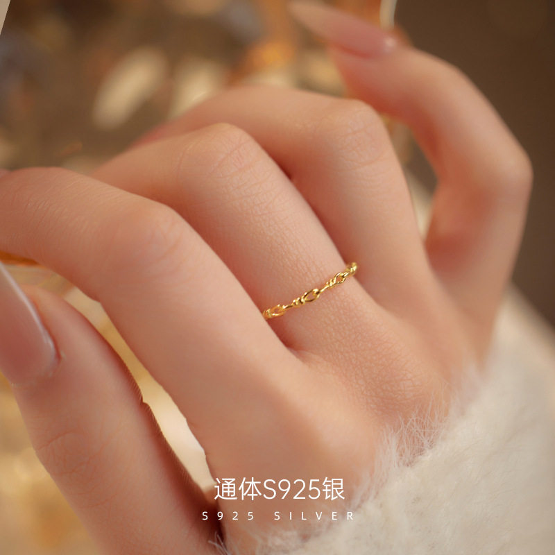 日系TopWhitS925银链条戒指女小众设计感镂空细圈食指戒简约百搭