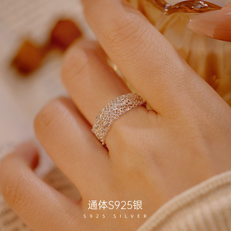 日系topwhit925银素链圆珠戒指抽拉式指环女简约多层链条流苏