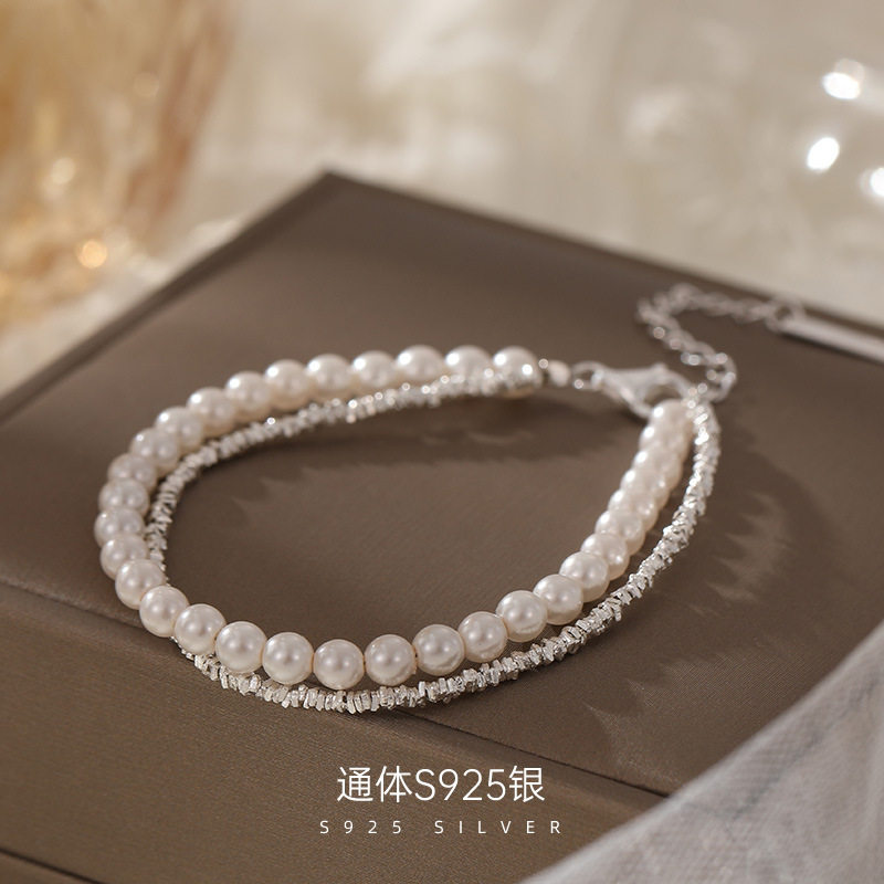日系topwhit925银珍珠手链碎银子串珠双层手环高级感气质独特叠
