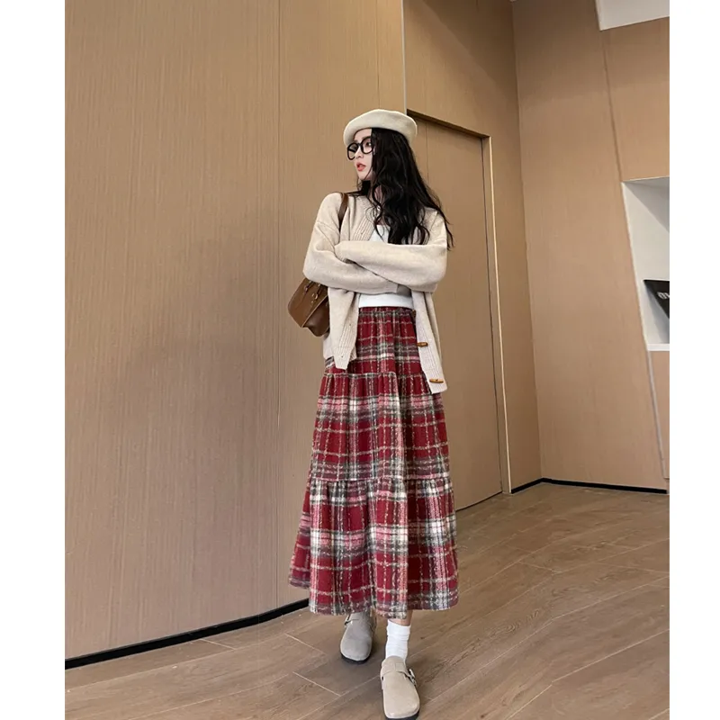 多巴胺毛呢格子百褶长裙女秋冬新款设计感显瘦百搭高腰A字半身裙