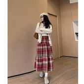 多巴胺毛呢格子百褶长裙女秋冬新款 设计感显瘦百搭高腰A字半身裙