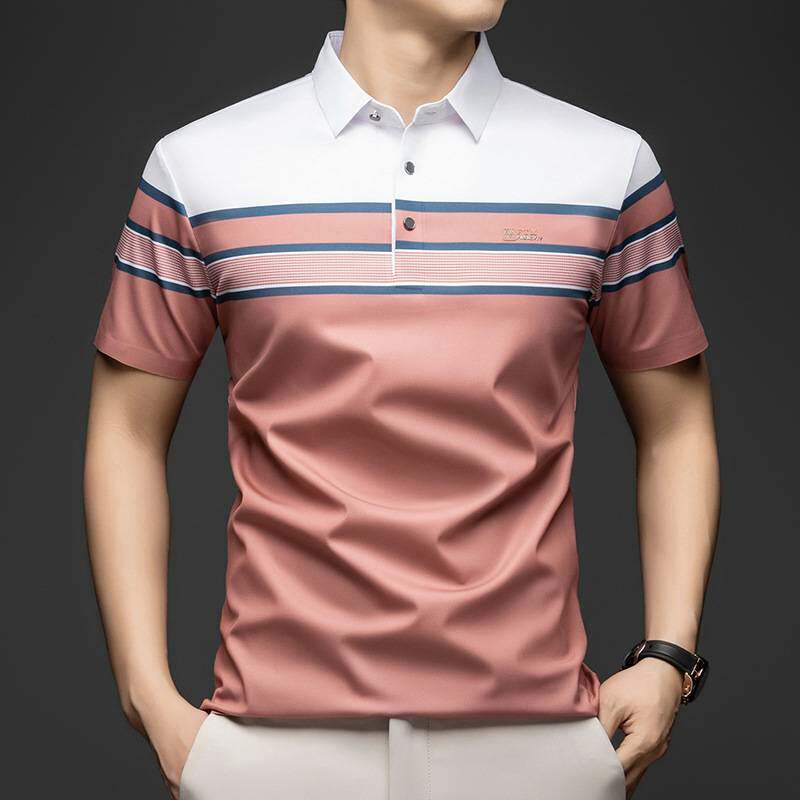 官方正品2026夏季新款中年男士翻领条纹Polo衫时尚百搭男装短袖宽