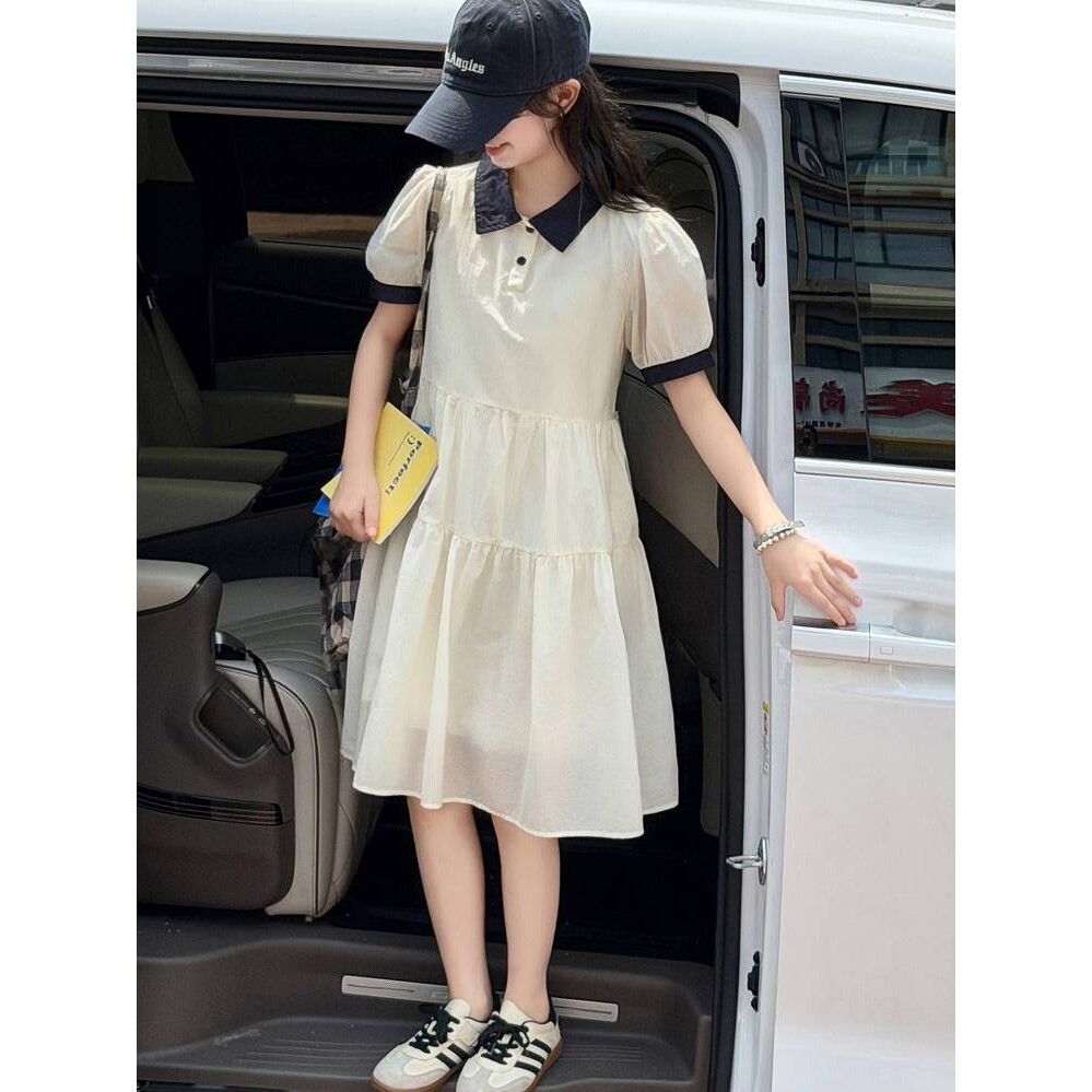 官方正品女童连衣裙夏款中大女孩polo裙中长款儿童学院风短袖公主