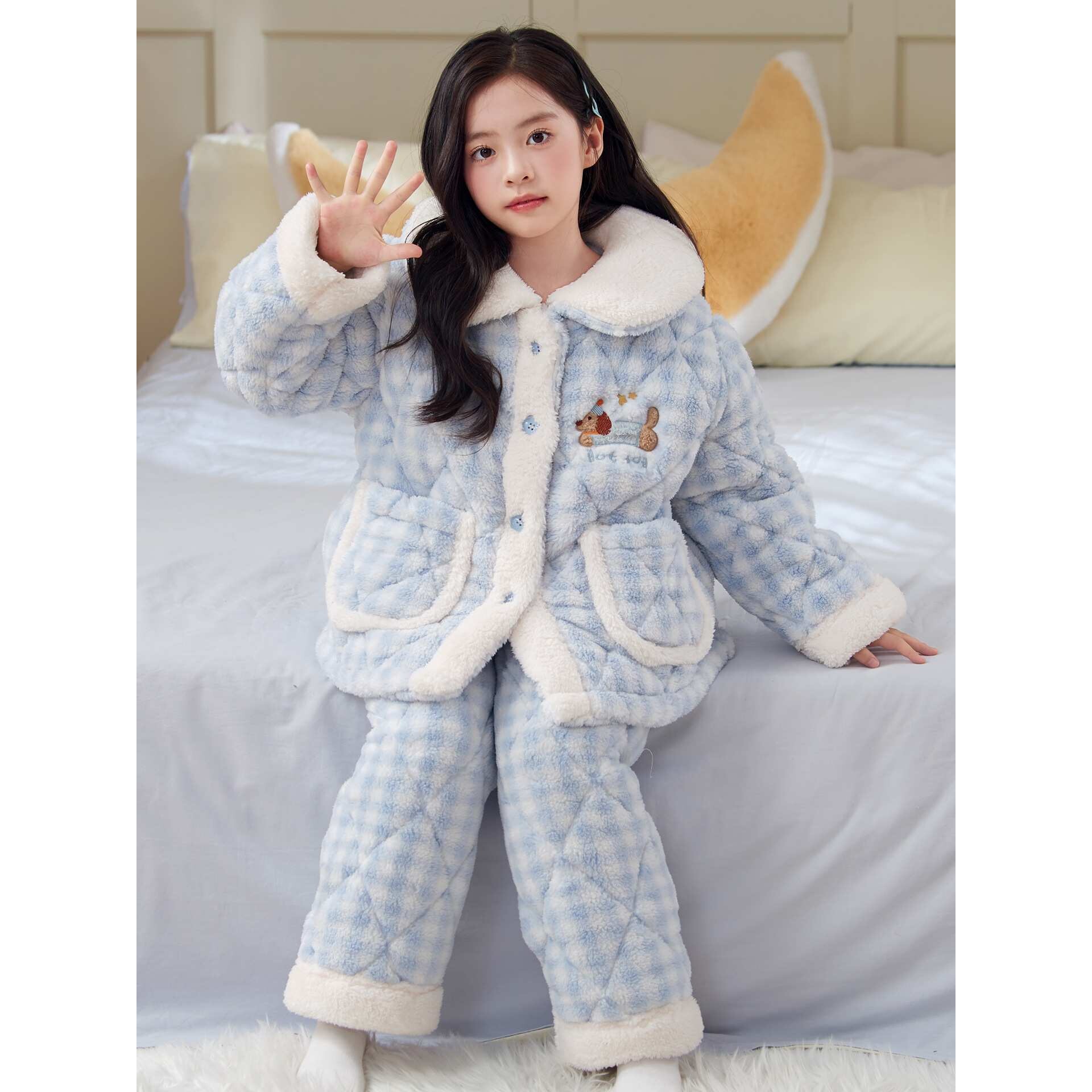 官方正品儿童睡衣珊瑚绒冬季女孩三层夹棉可爱女童家居服保暖加厚