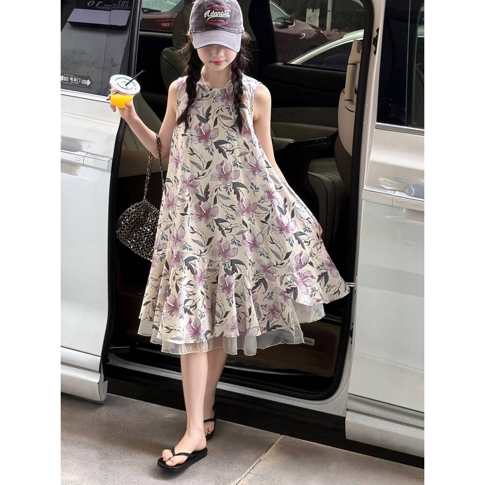 官方正品女童连衣裙夏装洋气女孩碎花无袖背心裙韩版中大儿童薄款