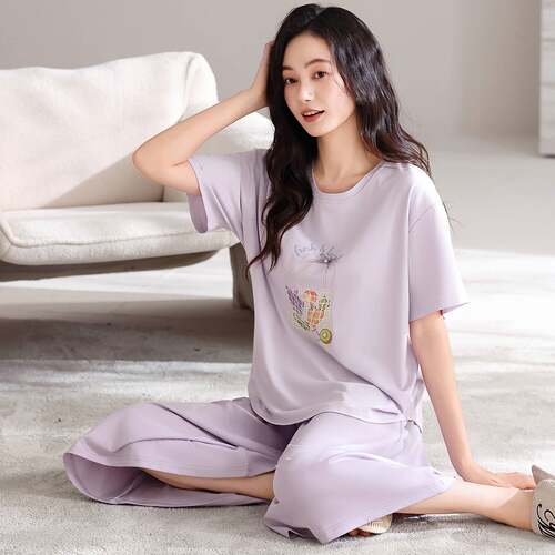 官方正品带胸垫莫代尔睡衣女款短袖七分阔腿裙裤宽松夏季家居服套
