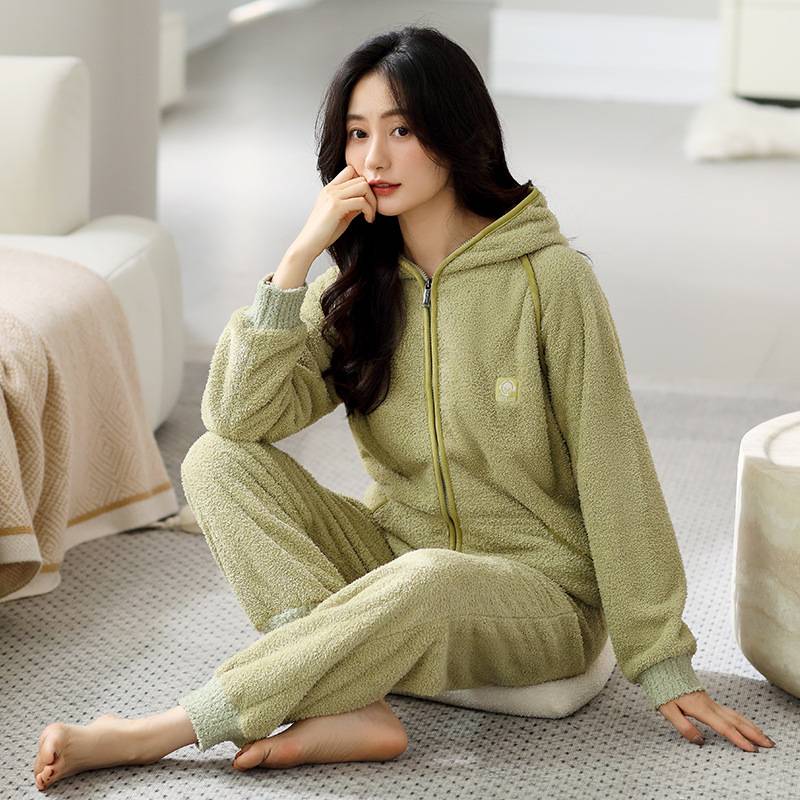 官网正品睡衣女秋冬季珊瑚绒加绒加厚家居服半边绒可外穿冬天连帽