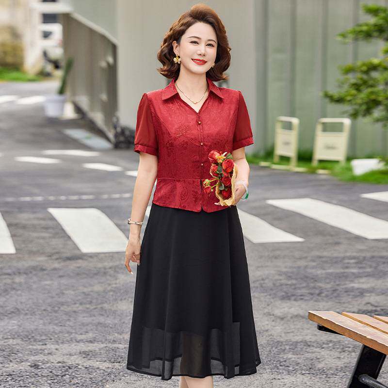 官方正品夏装妈妈装短袖衬衫假两件连衣裙加大码中老年女装显瘦裙