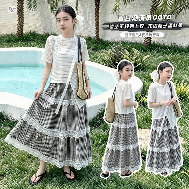 官方正品女童2026年夏季新款韩版镂空背心+短袖格子半身裙套装女