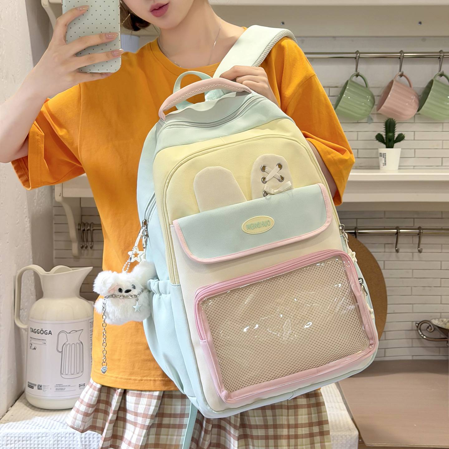 官方正品韩系多巴胺三色拼色卡通兔耳双肩包6-3年级女生上课假期