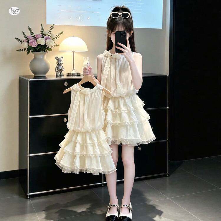 官方正品女童挂脖连衣裙2026夏季新款中大童淑女风吊带裙高腰蛋糕